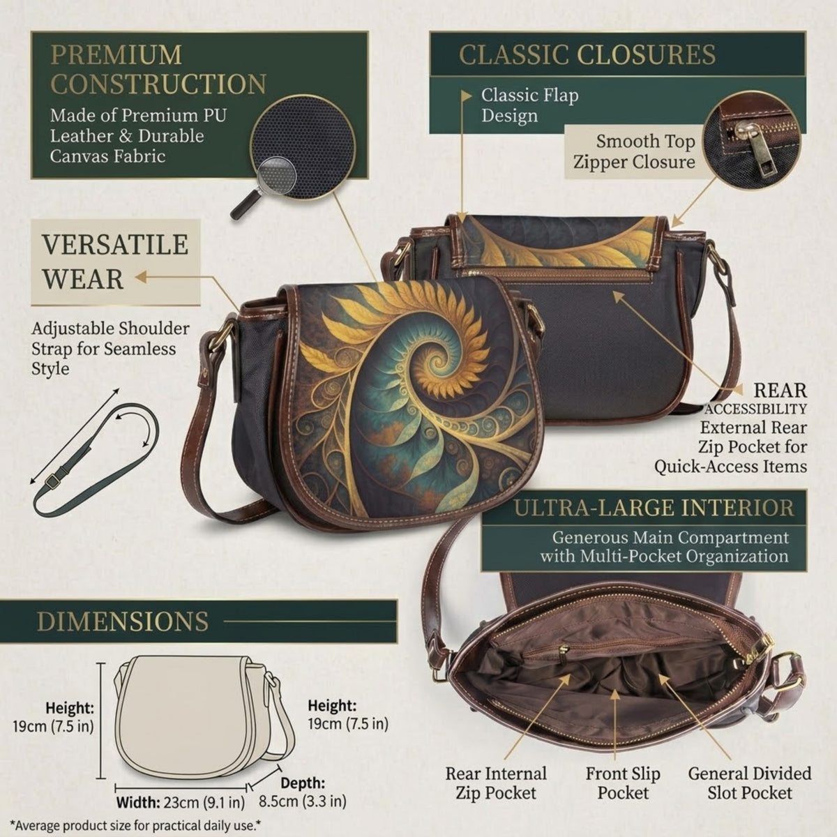Saddle bag schoudertas voor-, achter- en binnenaanzicht met maattabel