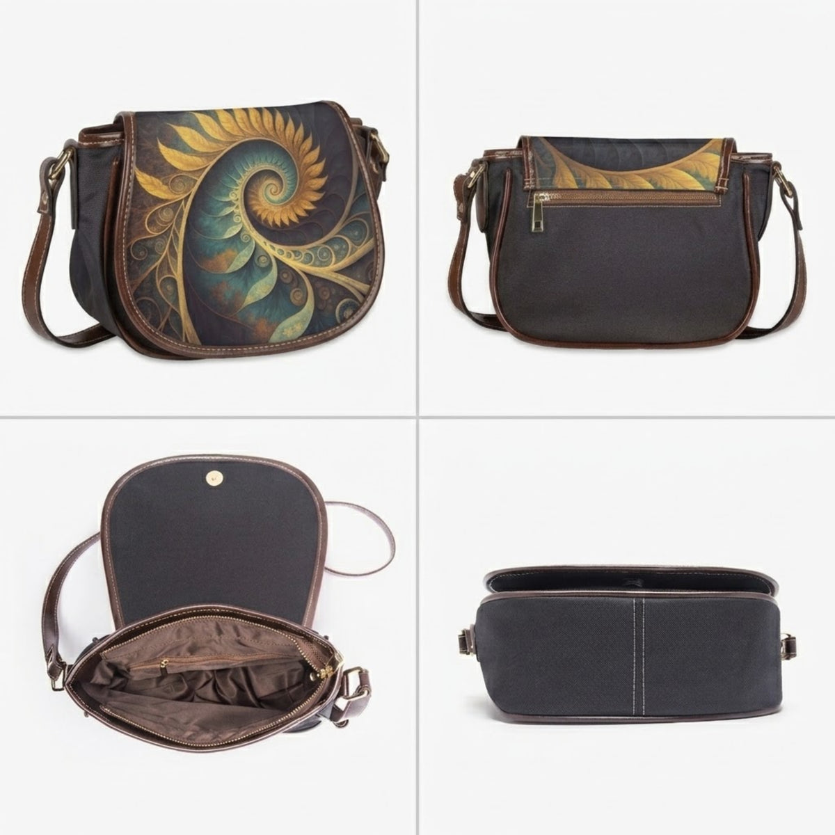 Model draagt schuin over het lichaam gedragen saddle bag schoudertas met crèmekleurige trui en jeans, tweede aanzicht