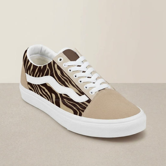 Zebra print low top canvas sneakers in three-quarter front view on a beige background