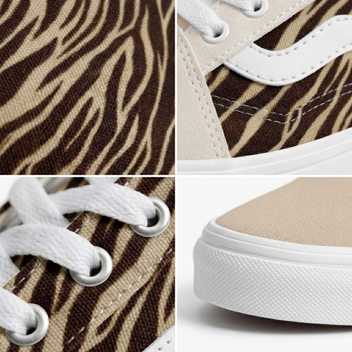 Gros plan sur la texture en toile imprimé zèbre, les lacets, les coutures et les crampons de semelle