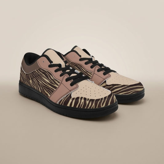 Zebra print sneakers in deep brown and beige, front three-quarter view on a beige background