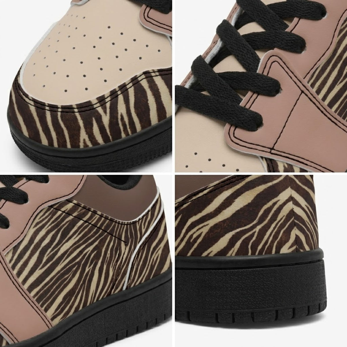 Close-up detail of sneaker toe, rose-taupe lace panel, brown heel and sole