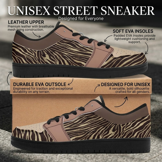 Zebra print sneakers with callouts for leather upper, EVA insoles, EVA outsole and unisex design