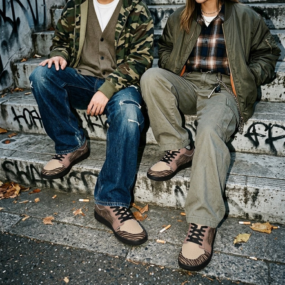 Two people seated on steps in casual streetwear with sneakers