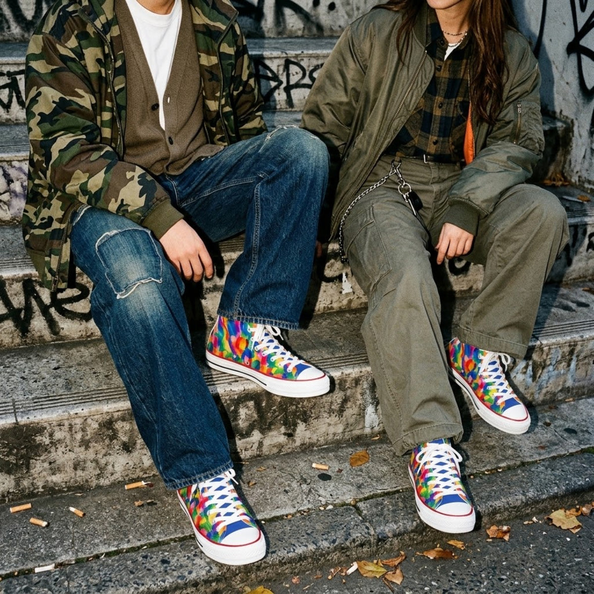 Two people seated on graffiti steps wearing high top sneakers