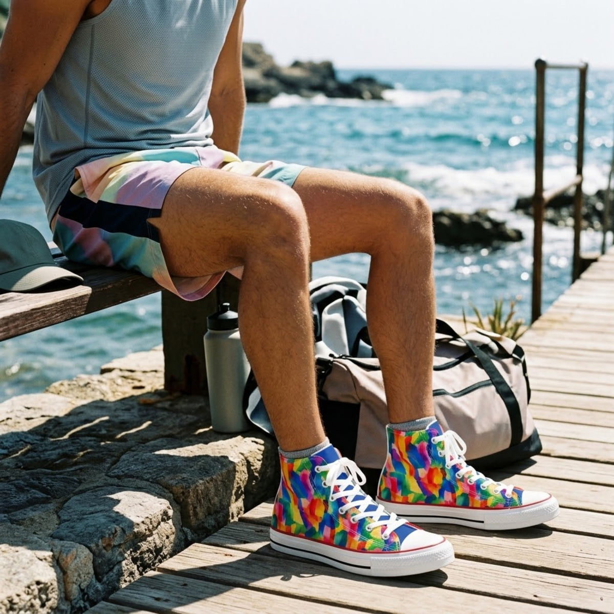 Man seated by the sea in shorts wearing high top sneakers with a duffel bag