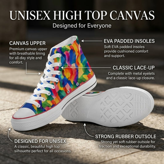 Callout infographic of high top sneakers showing canvas upper, EVA insoles, lace-up closure and rubber outsole