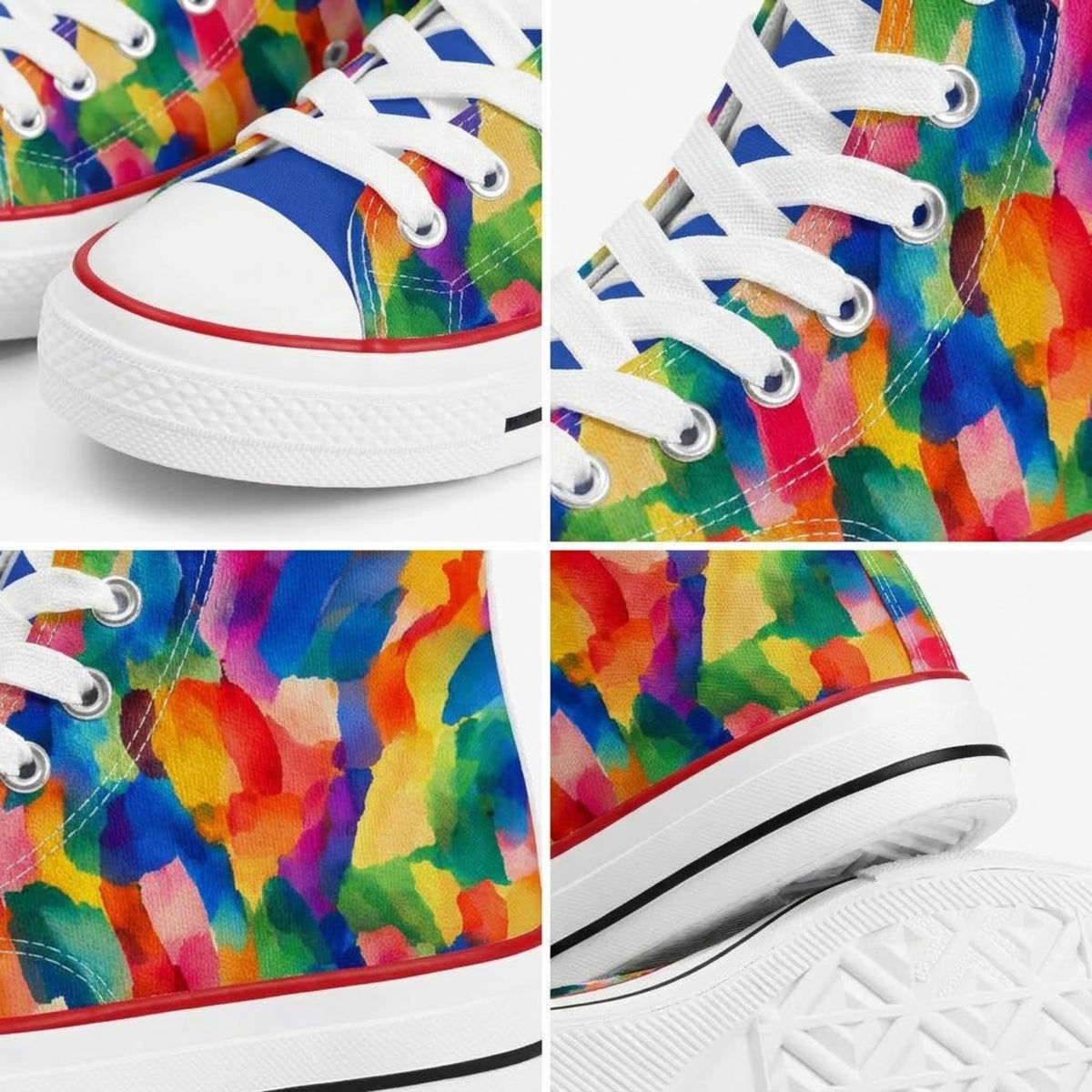 Close-up of high top sneakers showing blue toe cap, metal eyelets, abstract print and white sole with red and black lines