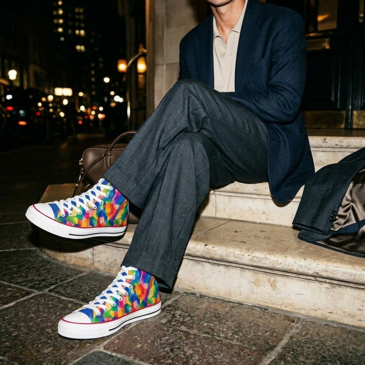 High top sneakers worn with a navy blazer and grey trousers on street steps