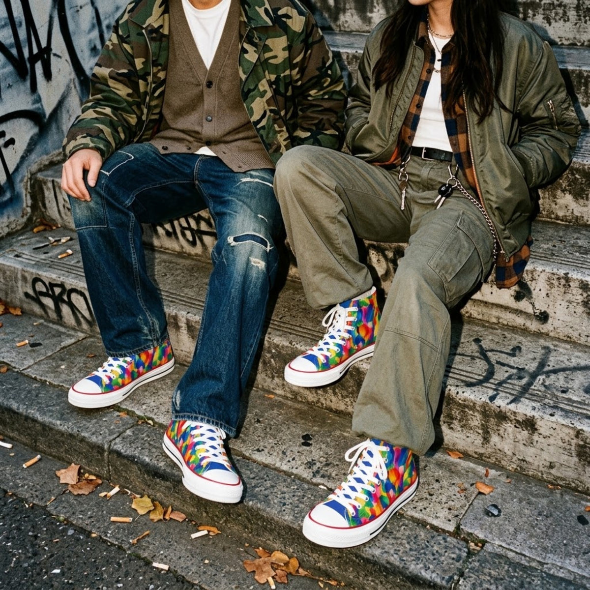High top sneakers worn with shorts on a wooden dock by the sea
