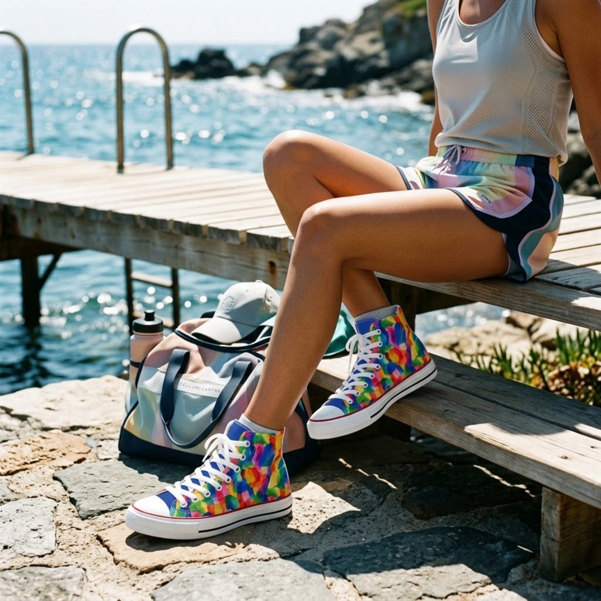 Seated woman by the sea wearing high top sneakers beside a duffel bag