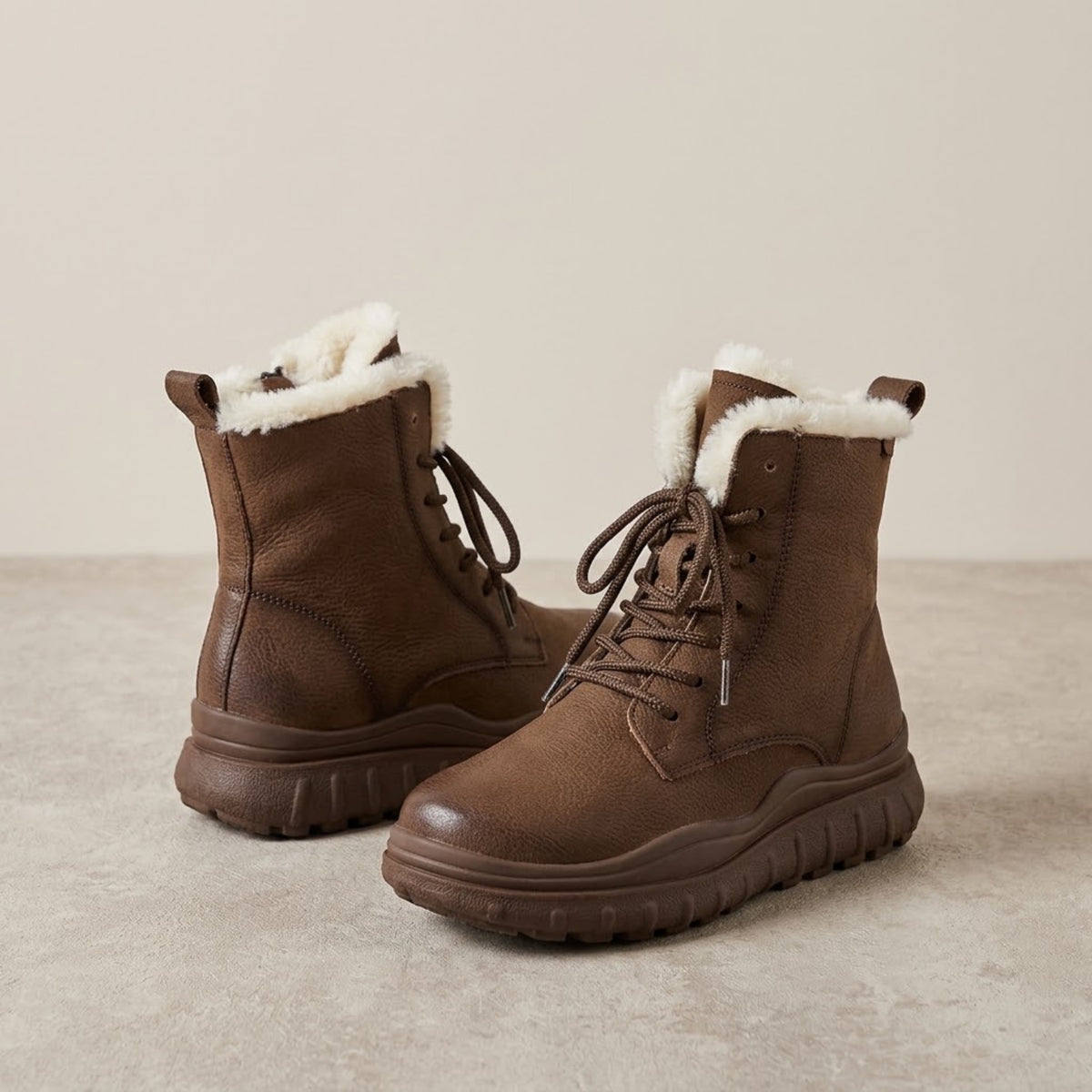Front three-quarter view of fleece lined boots women in light brown on a beige background