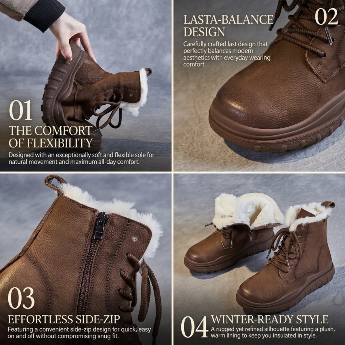 Collage of brown platform boots highlighting the flexible sole, toe design, side zip and casual style