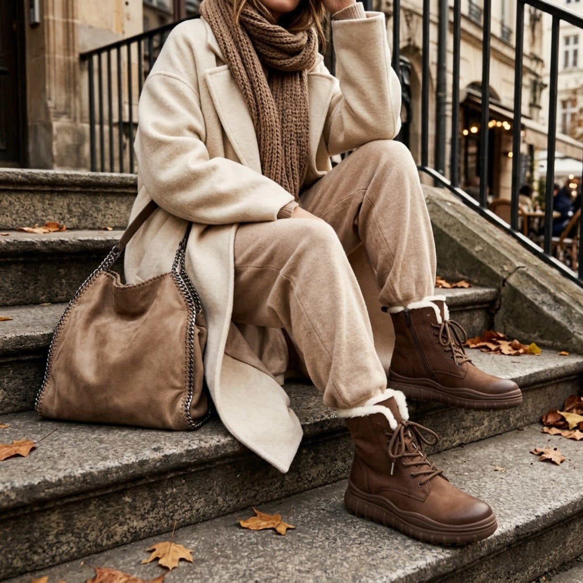 Model wearing brown platform boots with a coat on stone steps