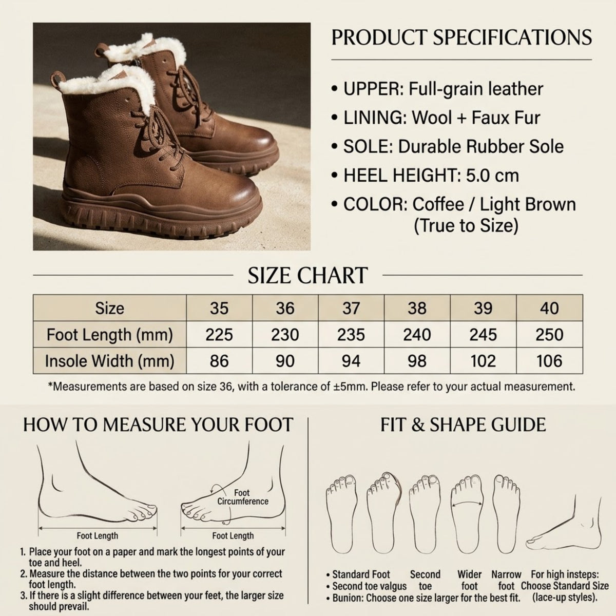 Size chart and specifications for brown platform snow boots with foot length and insole width