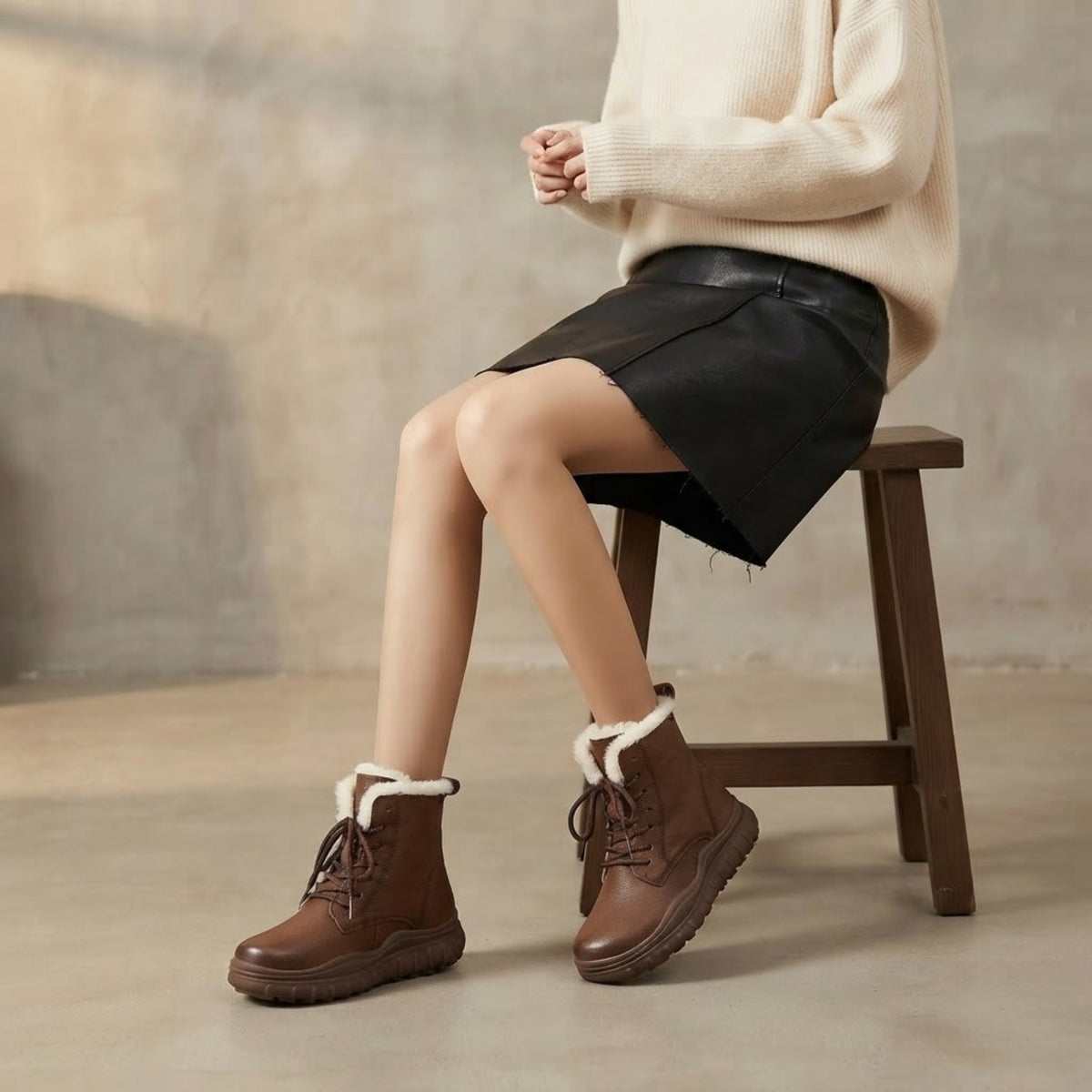 Model seated on a stool wearing brown platform boots with a black skirt