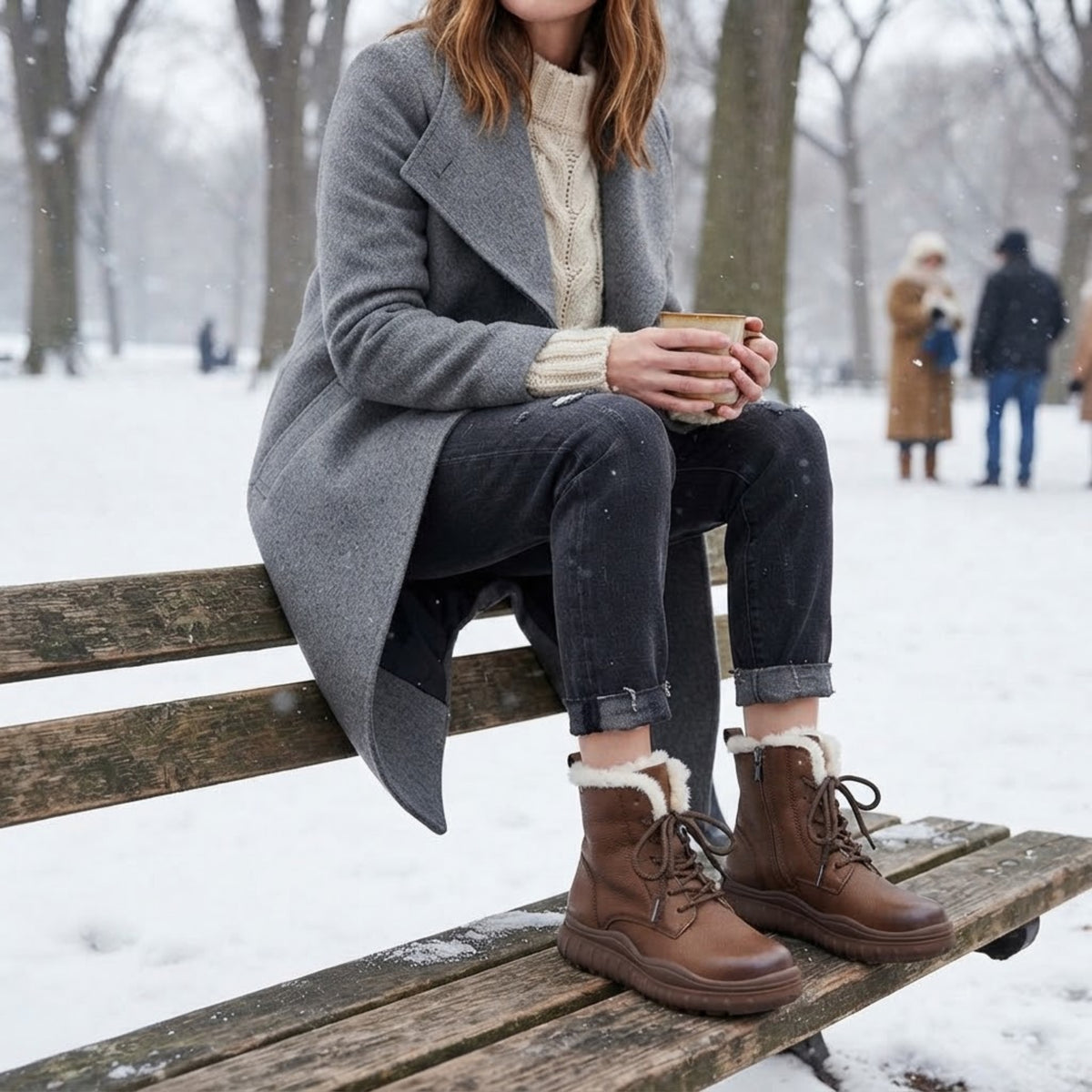 Model seated on a park bench in snow wearing brown leather snow boots