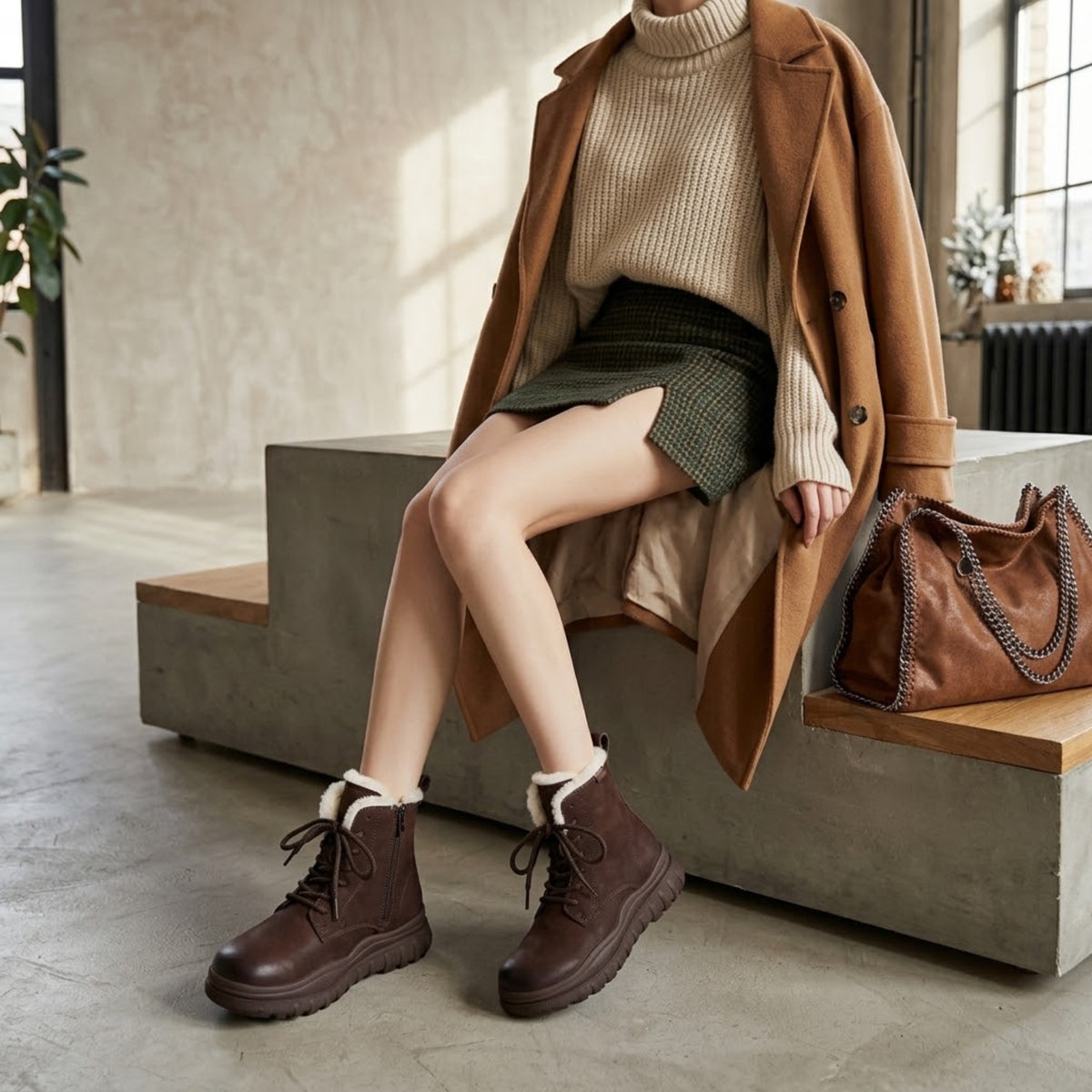 Model seated on steps in a camel coat wearing coffee brown leather boots