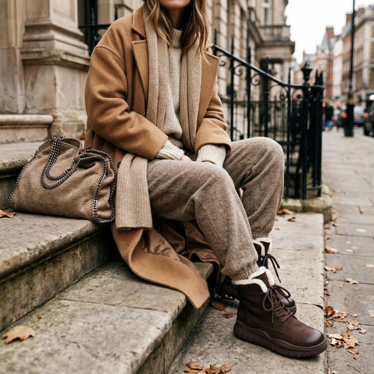 Four-angle view of coffee brown leather snow boots at 0, 90, 180 and 270 degrees