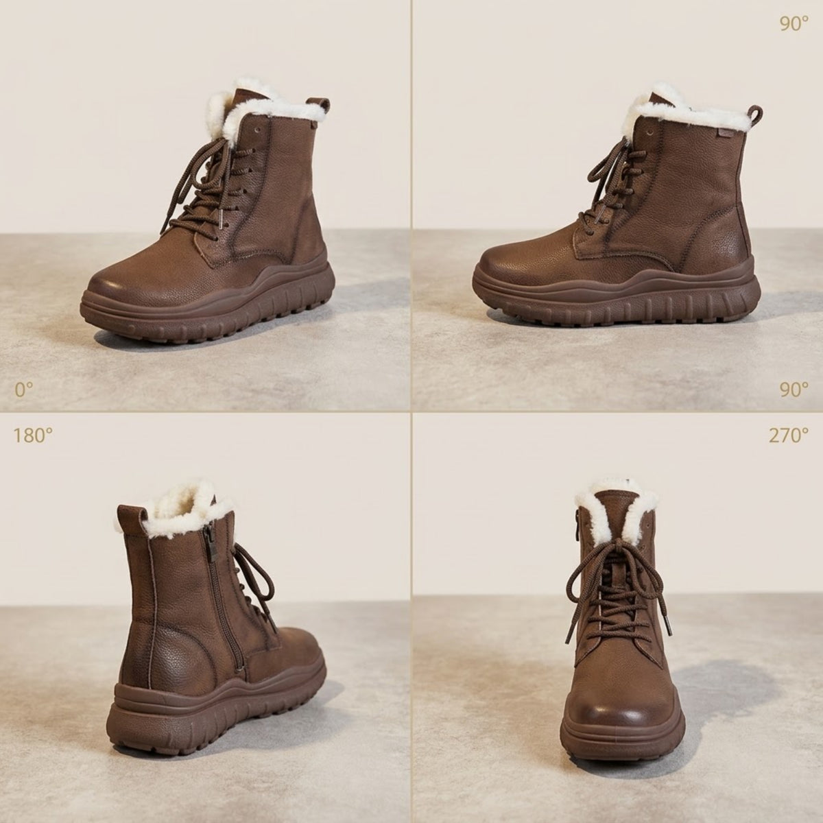 Four-angle view of light brown leather snow boots at 0, 90, 180 and 270 degrees