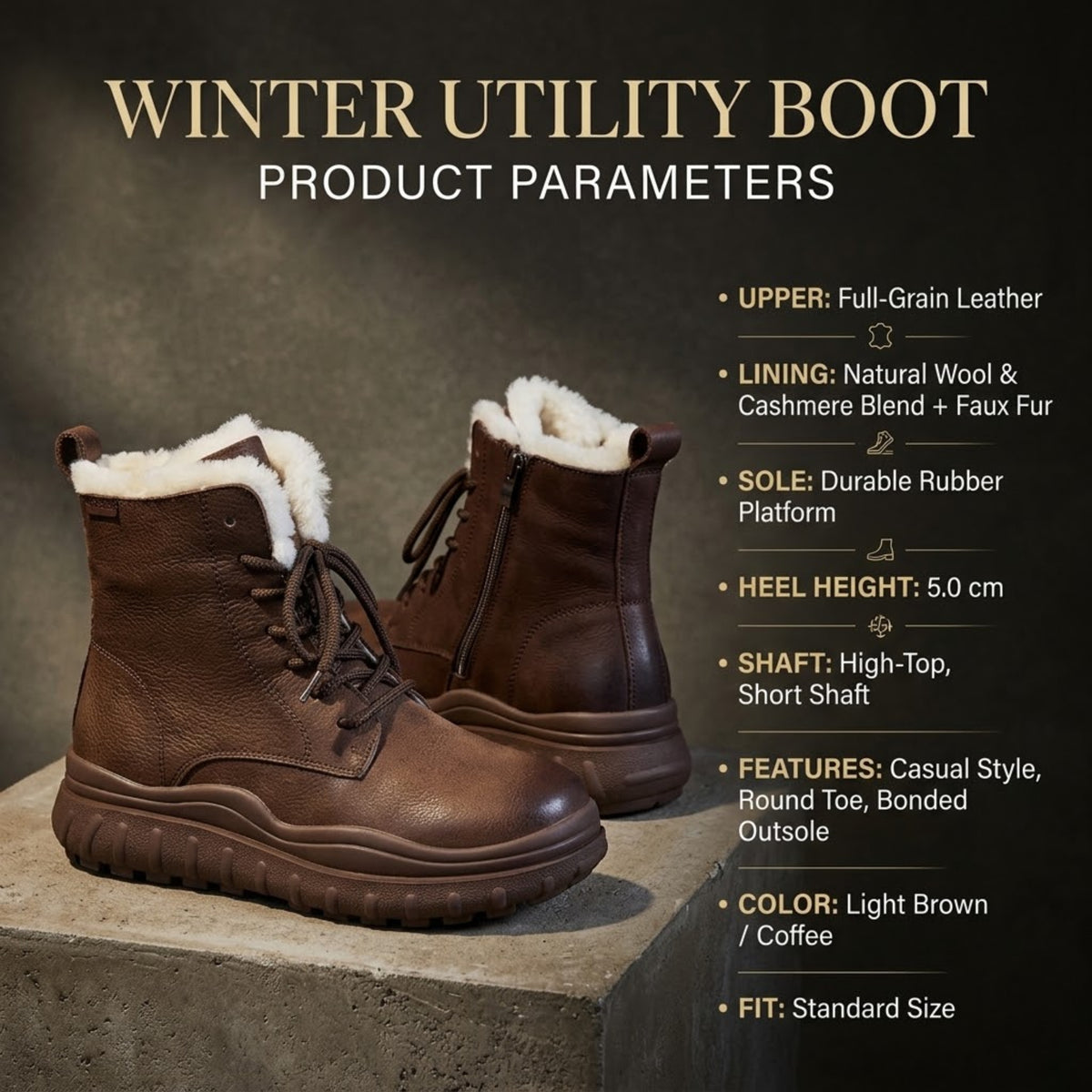 Product parameters infographic for brown platform winter boots listing upper, lining, sole and heel