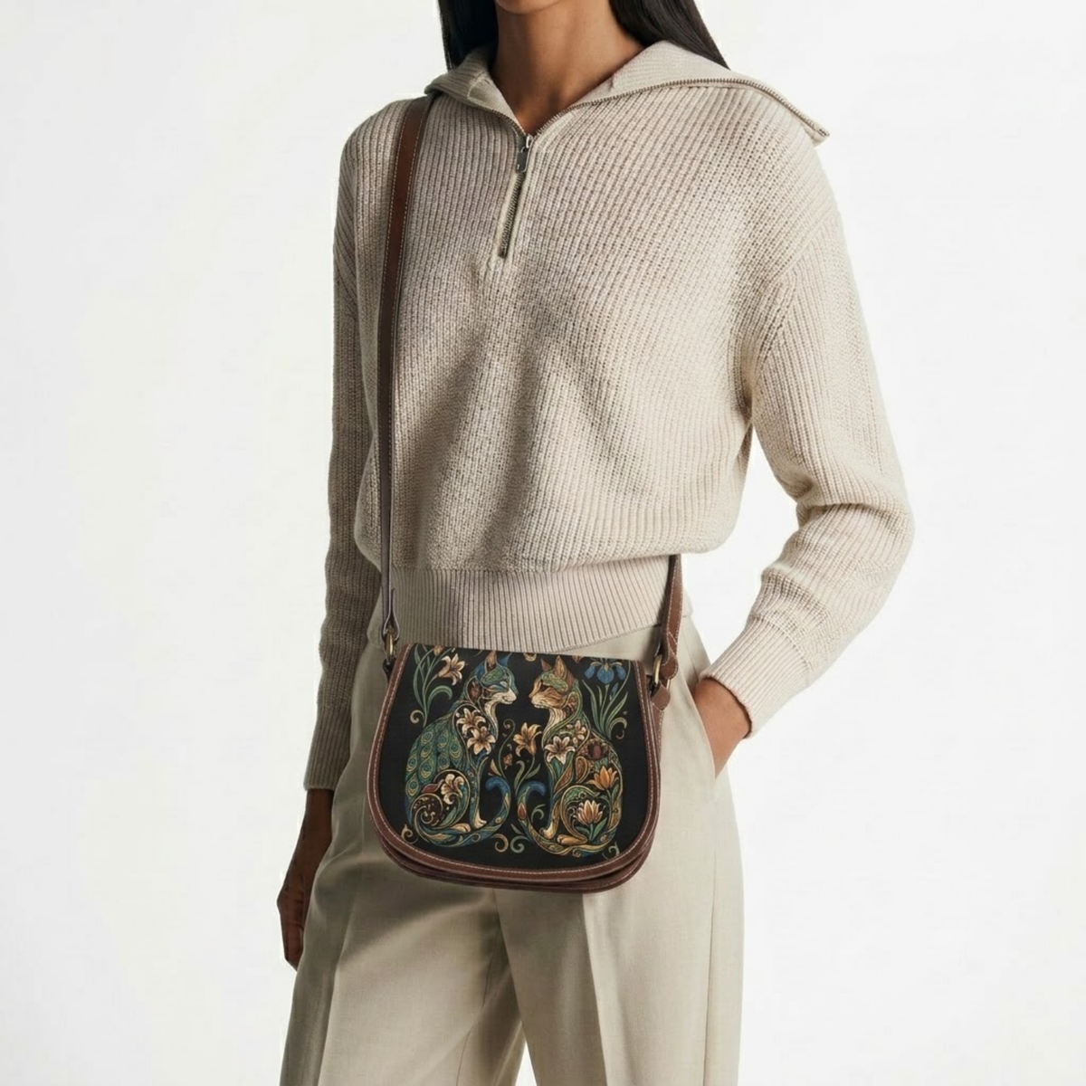 Twin Cat Floral Canvas & PU Leather Saddle Crossbody Bag