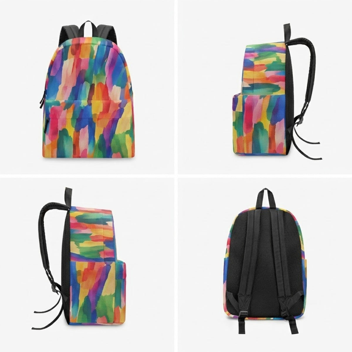 Four-view product shot of the colorful backpack showing front, both sides and back