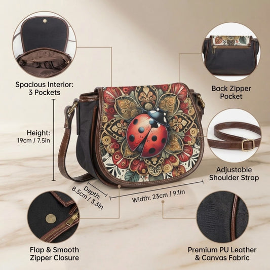 Ladybug Mandala Canvas & PU Leather Saddle Crossbody Bag