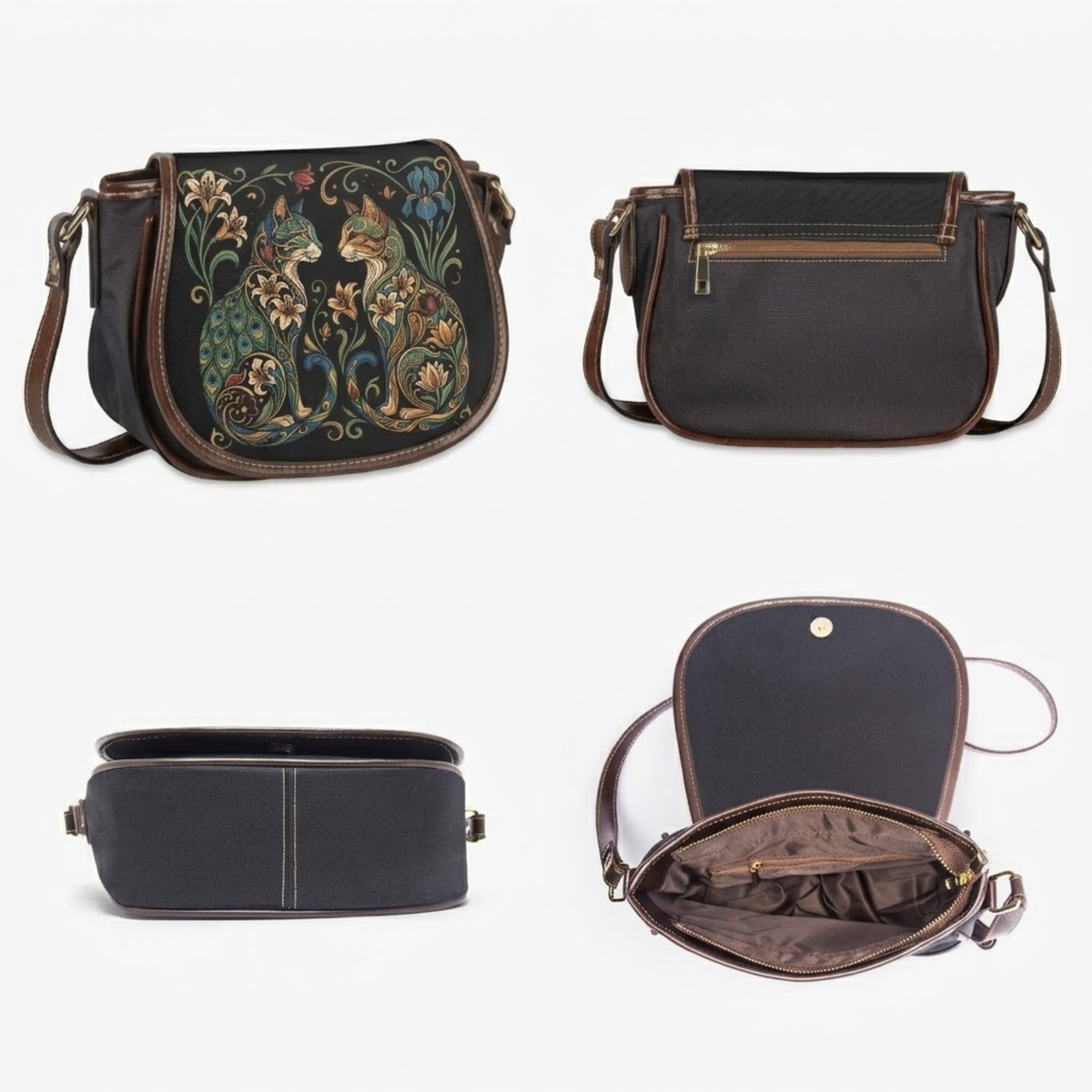 Twin Cat Floral Canvas & PU Leather Saddle Crossbody Bag