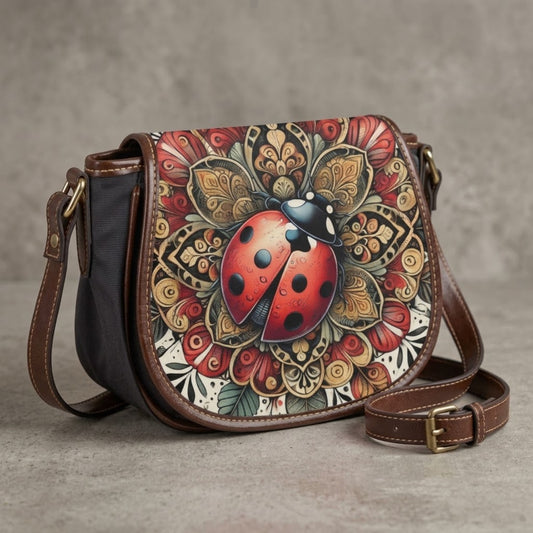 Ladybug Mandala Canvas & PU Leather Saddle Crossbody Bag