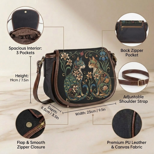 Twin Cat Floral Canvas & PU Leather Saddle Crossbody Bag