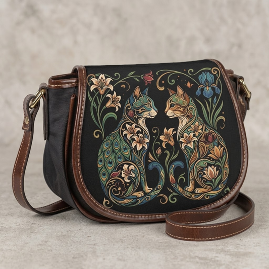 Twin Cat Floral Canvas & PU Leather Saddle Crossbody Bag