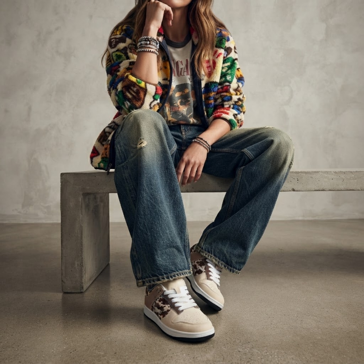 Cow Print Leather Sneaker, Western Inspired Low Top