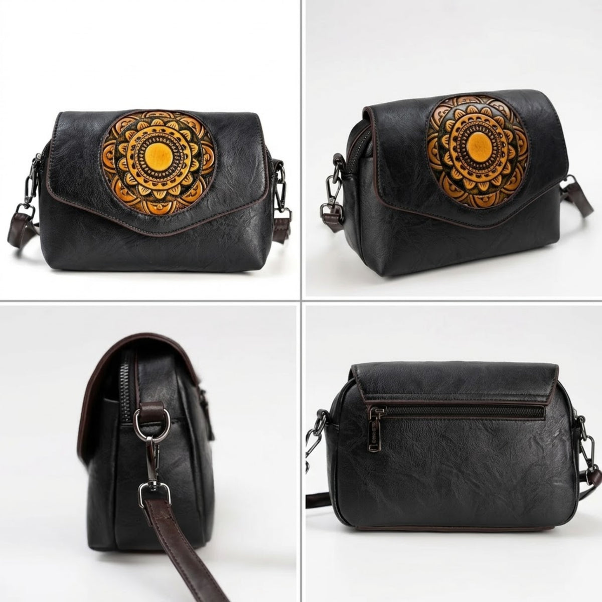 A four-panel product collage showing a black leather crossbody bag from multiple angles on a white background. The bag features a large circular mandala-style floral design in orange and yellow on the front flap, a front zip pocket, and a brown leather strap.