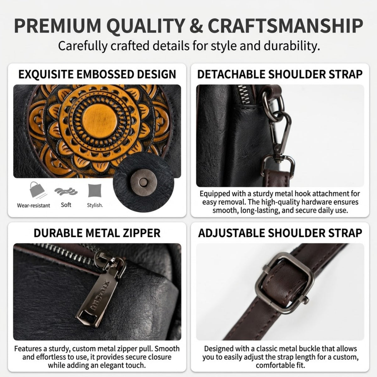 A 2x2 feature infographic for a black leather shoulder bag, highlighting its craftsmanship with text and close-up detail photos of an embossed design, a detachable shoulder strap, a metal zipper, and an adjustable buckle.