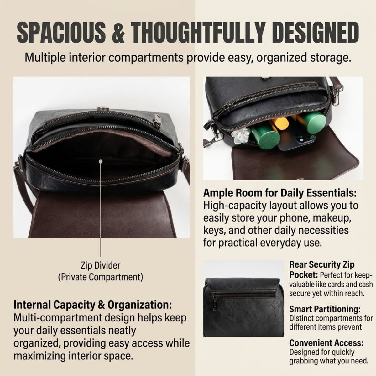 A product infographic for a black leather crossbody bag, showing three views of the bag with text callouts highlighting its interior compartments, zip divider, rear security pocket, and smart partitioning design.