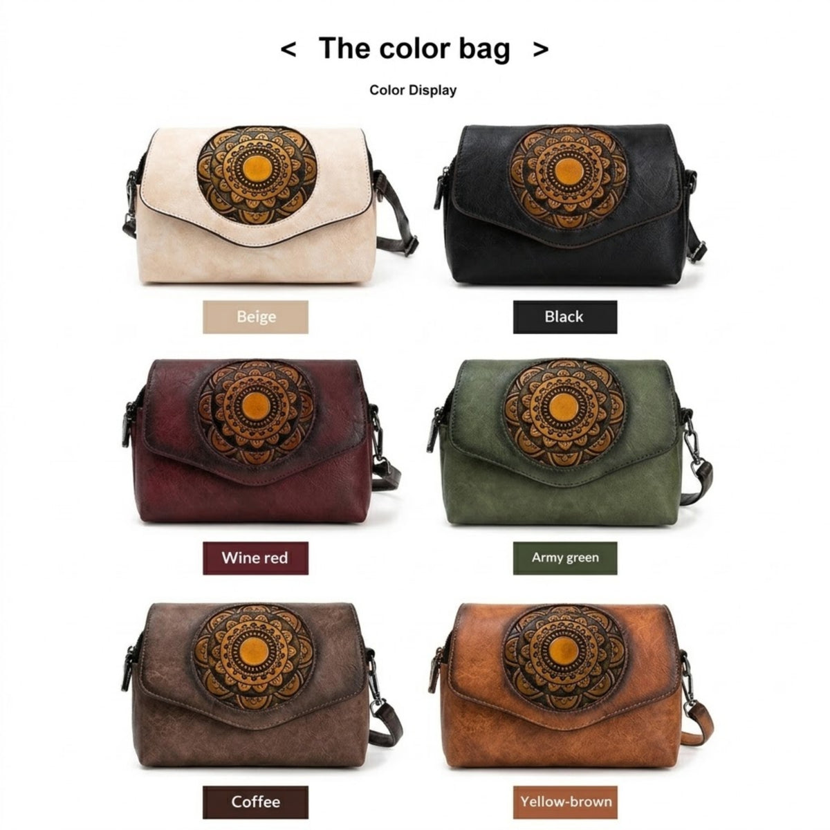 A color display chart showing six versions of a shoulder bag with a central mandala design. The bags are labeled with color names: Beige, Black, Wine red, Army green, Coffee, and Yellow-brown.