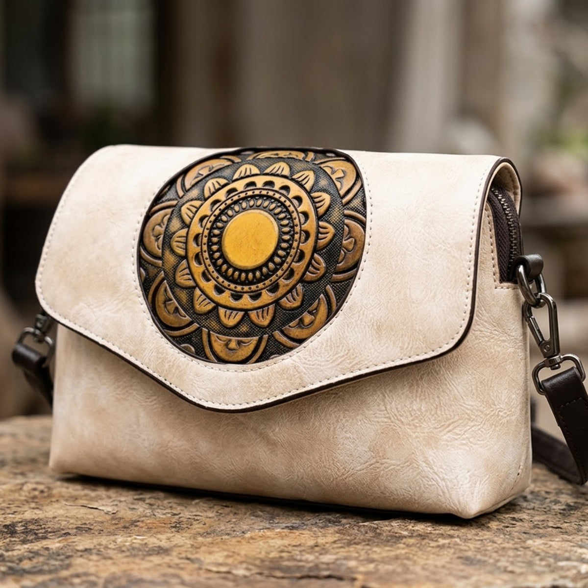 A cream-colored faux leather crossbody bag with a large circular black and gold mandala design on the front flap, resting on a rustic stone surface.