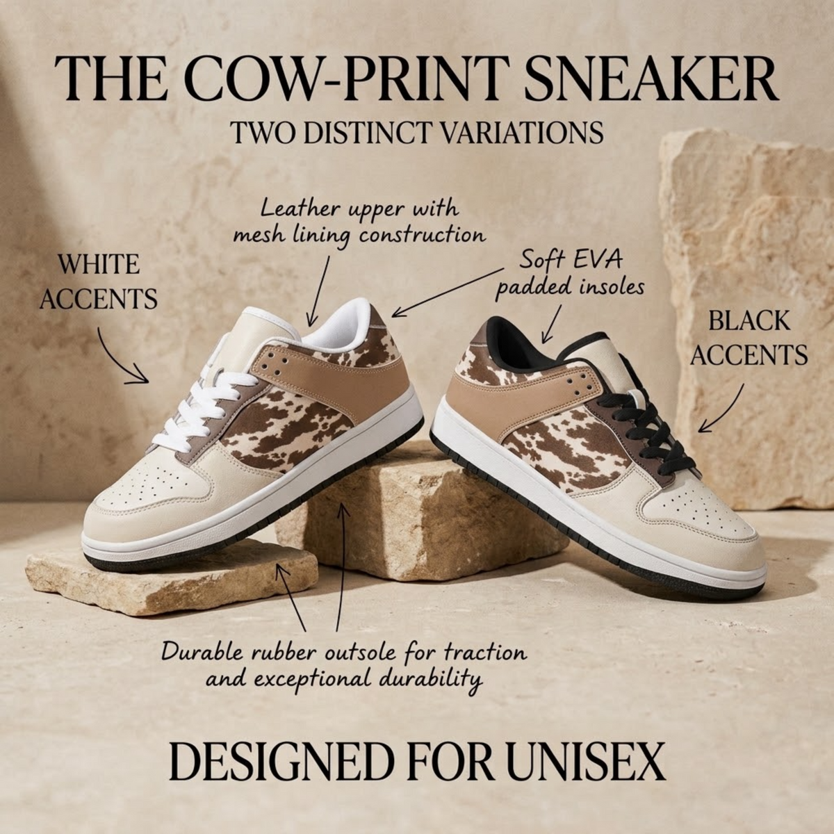 Cow Print Leather Sneaker, Western Inspired Low Top