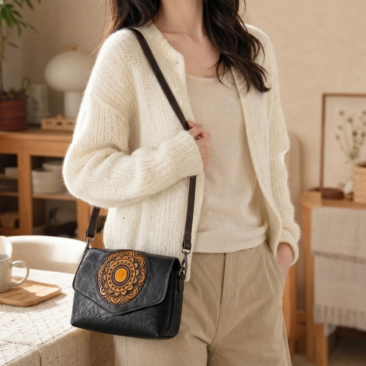 A woman wearing a cream knit cardigan and beige pants carries a black leather crossbody bag with a large brown floral design on the front. The setting is a cozy, warm-toned indoor room with wooden furniture and soft lighting.
