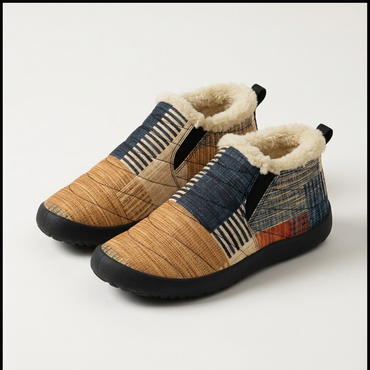 Patchwork Winter Slip-On Slippers – Faux Fur Lined Unisex Shoes
