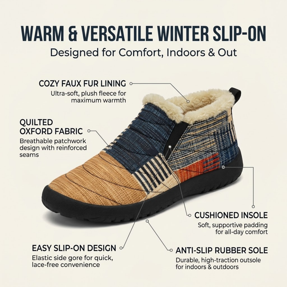 Patchwork Winter Slip-On Slippers – Faux Fur Lined Unisex Shoes