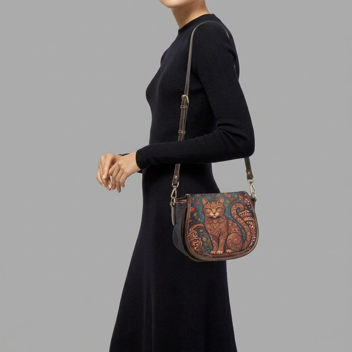 Boho Cat Floral PU Leather & Canvas Saddle Crossbody Bag