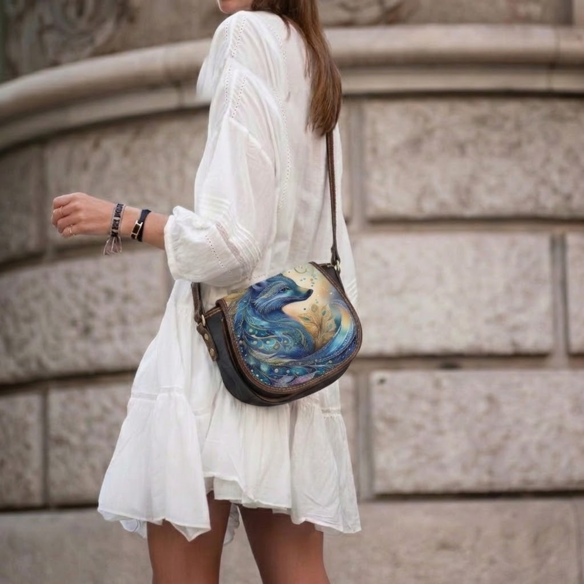 Blue Fox Art Canvas & PU Leather Saddle Crossbody Bag