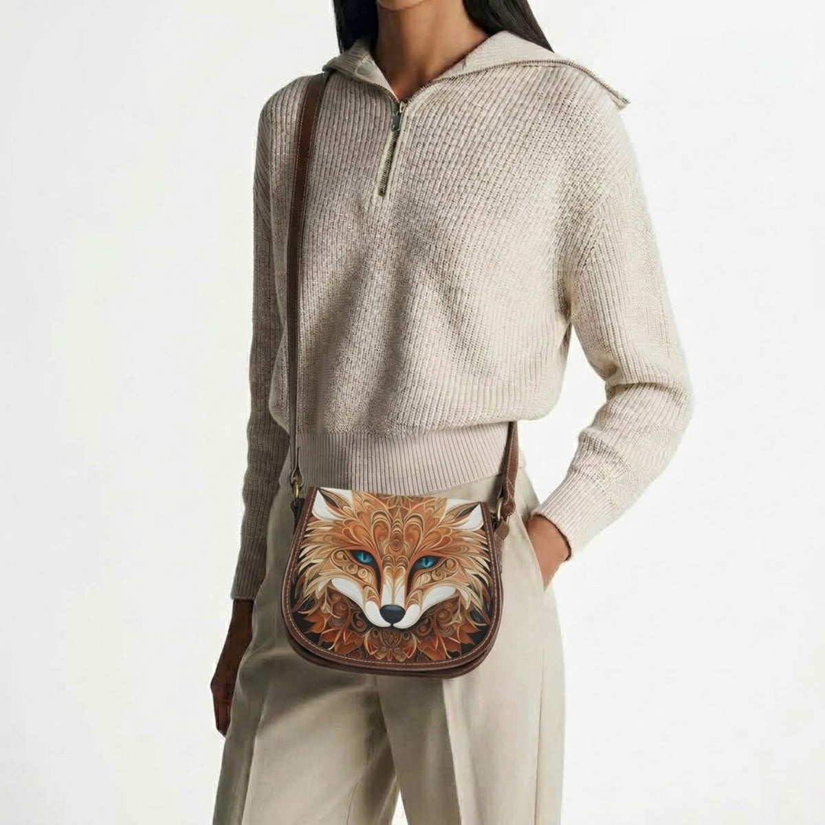 Model draagt de fox crossbodytas dwars over het lichaam bij een crèmekleurige trui en beige broek