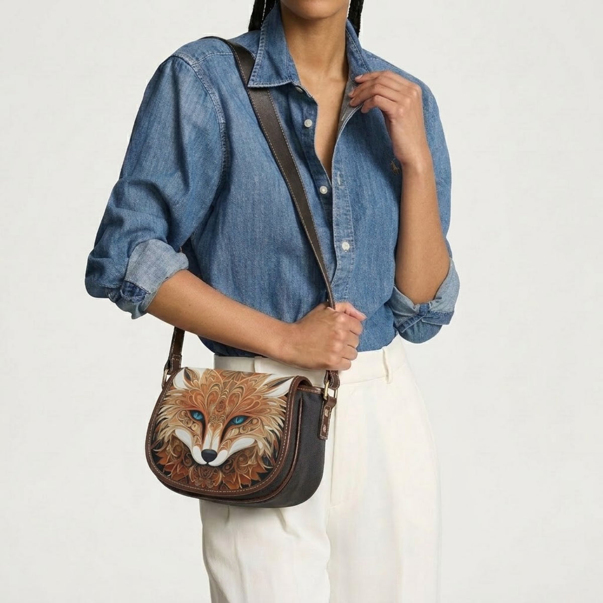 Model draagt de fox crossbodytas over de schouder bij een spijkerblouse en witte broek