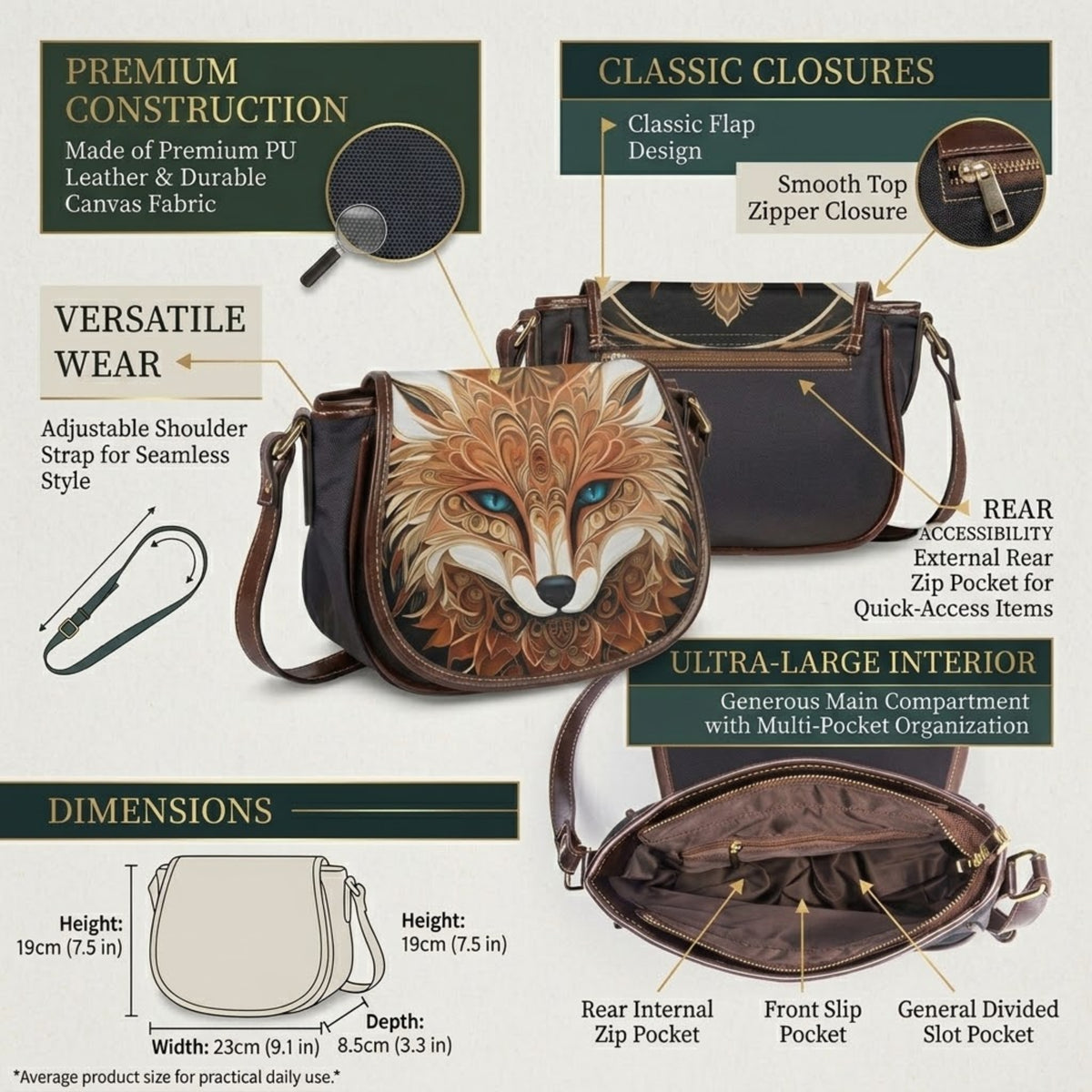 Fox crossbodytas met productdetails, waaronder ritssluiting, verstelbare riem en afmetingen