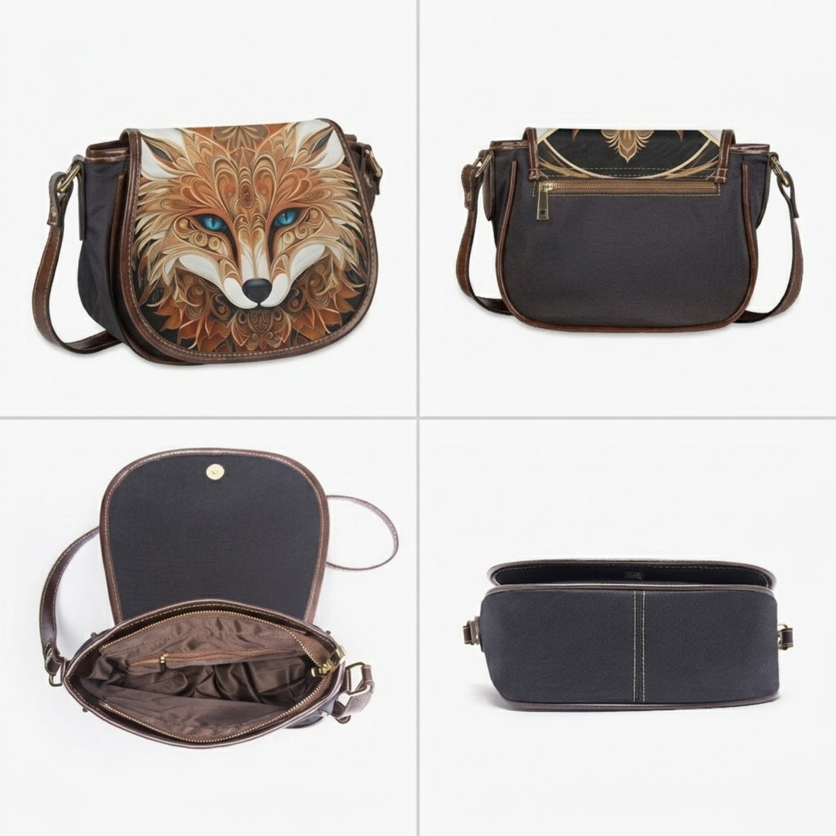 Vierdelig overzicht van de fox crossbodytas met voorkant, achterkant met ritszak, open binnenkant en onderkant