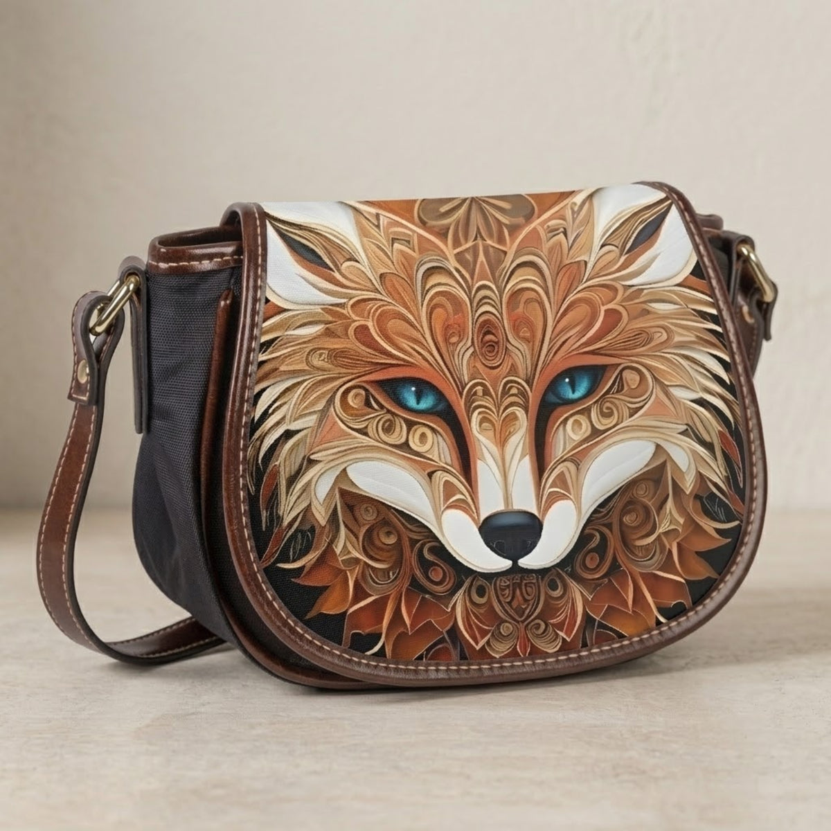 Fox crossbodytas met donkergrijs canvas lichaam en sierlijke foxklep op een lichte achtergrond