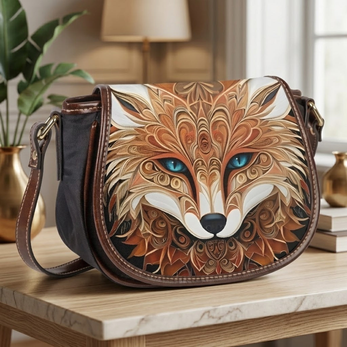 A brown leather shoulder bag with a detailed, ornate fox face design on the front flap, featuring blue eyes and warm brown, orange, and white tones. The bag is styled on a light wood table in a cozy indoor setting with a lamp, plant, and books in the background.
